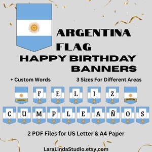 Happy Birthday Banner Argentina Flag Themed Digital Birthday Decoration Printable Banner in 3 Different Letter Sizes With Custom Words