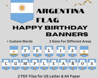 Happy Birthday Banner Argentina Flag Themed Digital Birthday Decoration Printable Banner in 3 Different Letter Sizes With Custom Words