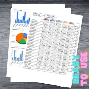 May include: A stack of white papers with charts and tables. The top sheet displays a student attendance record for a Spanish class in January 2024. Bar graphs and a pie chart illustrate participation rates.