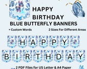 Happy Birthday Banner Blue Watercolor Butterfly Birthday Decor With Custom Words in 2 Sizes Birthday Party Decoration Printable Banner
