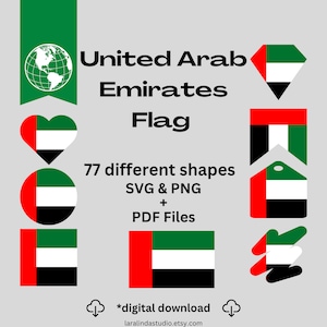May include: A digital download of 77 different shapes of the United Arab Emirates flag in SVG, PNG, and PDF formats. The flag is red, white, green, and black.
