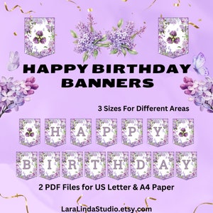 Banner de feliz aniversário com tema lilás, decoração de aniversário em 3 tamanhos, flores, decoração de festa de aniversário, banners imprimíveis, flores rosa e roxas
