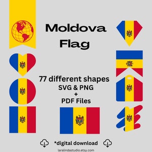 Könnte beinhalten: Ein digitaler Download von 77 verschiedenen Formen der moldauischen Flagge in den Formaten SVG, PNG und PDF. Die Flagge ist blau, gelb und rot mit dem Wappen in der Mitte.