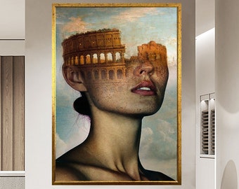 Woman Portrait Manipulation Canvas Wall Art, Castle of Woman Canvas Print Decor, Surreal Woman Portrait Poster, Decor For Gift,Framed Canvas