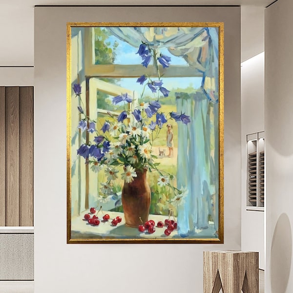 Potted Flowers Canvas Wall Art, Flowers in Pots Standing in the Window Canvas Print, Window to Nature Poster Wall Art,Framed Canvas Wall Art