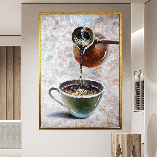 Tasse und Kanne Kunst auf Leinwand, Kaffee Leinwand Kunst, Abstrakte Tasse Wand Poster, Küche Dekor, Gerahmte Leinwand Kunst, Dekor für Geschenk