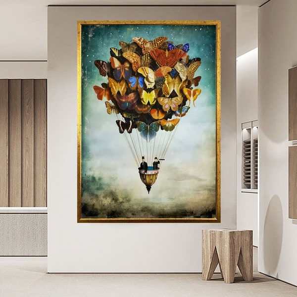 Arte de la pared de la lona del globo surrealista, decoración de la pared de la impresión de la lona del globo de la mariposa, arte de la pared surrealista, impresión de la obra de arte de la lona, decoración de la pared de la lona ENMARCADA