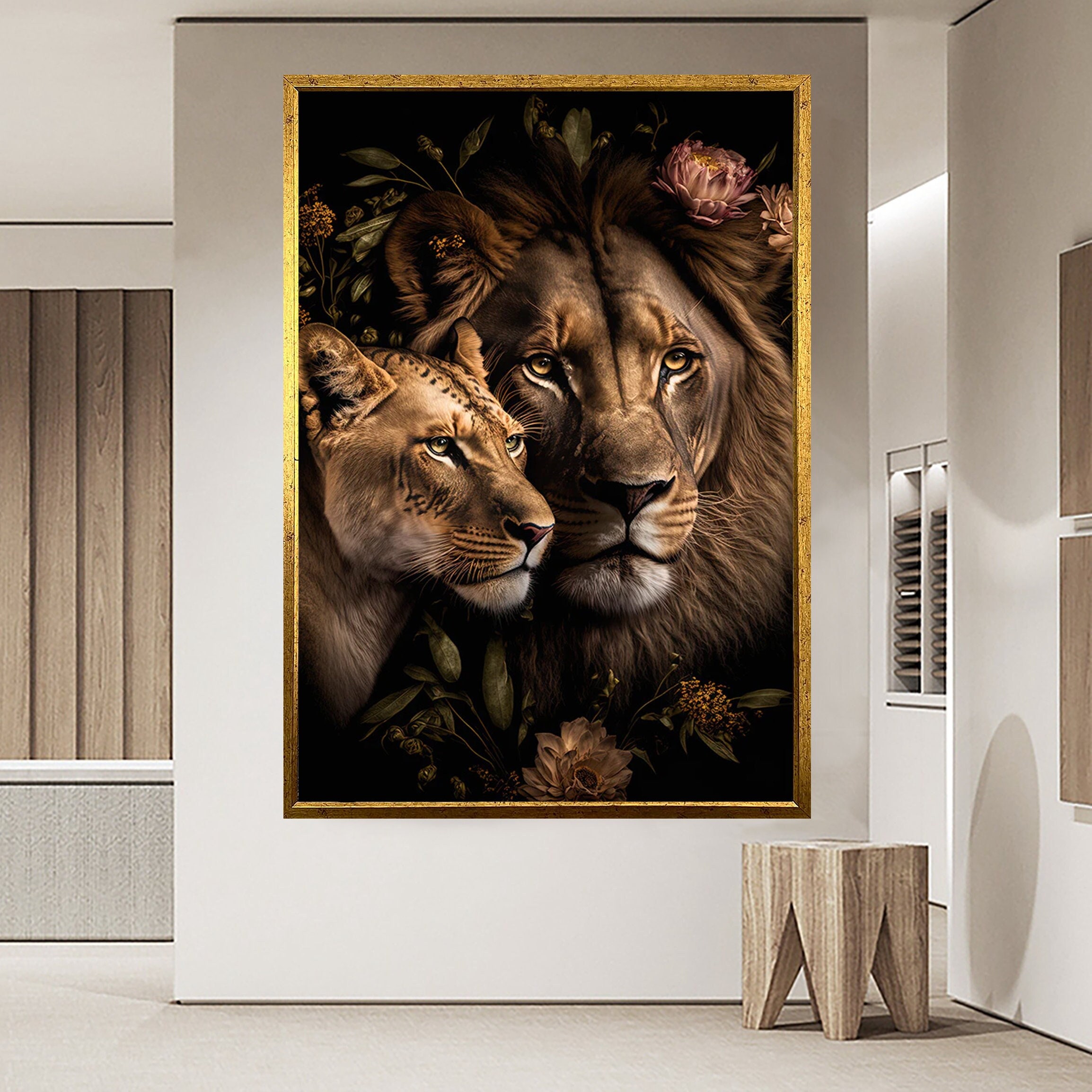 Lion Couple Flowers Canvas Wall Art, Lion Family, Wildlife Canvas Print