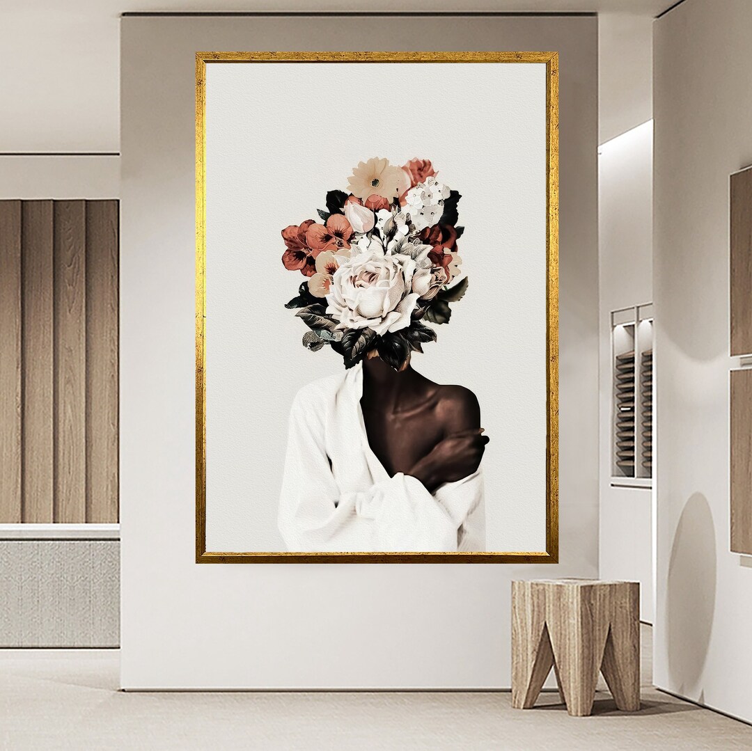 Flower Head Black Woman Canvas Wall Art, Woman Portrait Canvas Print
