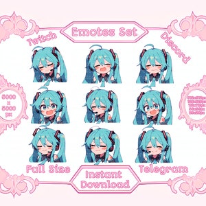 PNG Files Cute Virtual Singing Idol Girl Anime Reaction Emotes Twitch Discord Set Printable File, Kawaii Sticker, T-Shirt Emote Set Telegram