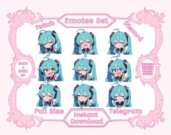 Arquivos PNG Cute Virtual Singing Idol Girl Anime Reaction Emotes Twitch Discord Set Printable File, Kawaii Sticker, T-Shirt Emote Set Telegram