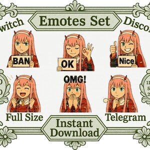 May include: A set of digital emotes featuring a cartoon character with pink hair and red eyes. The emotes show the character with different expressions and holding signs with the words "BAN", "OK", "Nice", and "OMG!" The emotes are designed in a vintage style with a green and gold frame.