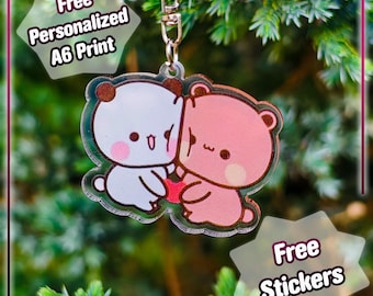 Bubu Dudu Heart-Link-sleutelhanger voor koppels – romantische liefdessleutelhangerset met gratis stickers en kunstprint – perfect valentijnscadeau