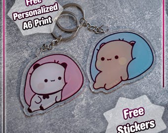 Matching Bubu Dudu Keychains  Pair - with Free Stickers & Art Print Couple Gift