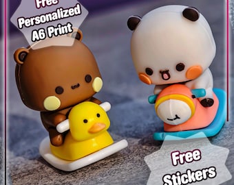 Bubu & Dudu Bear Couple Figurines - Cute Panda and Bear Gift Set - Peach and Goma – Kawaii Couple Charm