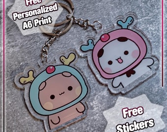 Panda Bear Keychain Set (Bubu Dudu)  - Cute Couples - with Free Stickers & Art Print