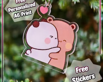 Bubu Dudu Heart‑Link Couple Keychain – Romantic Love Keyring Set with Free Stickers & Art Print – Perfect Valentine Anniversary Gift