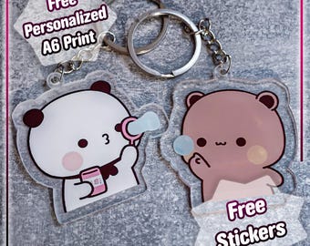 Bubu Dudu liefdesbeer sleutelhangers (set van 2) - schattige stelletjes - met gratis stickers en kunstafdruk