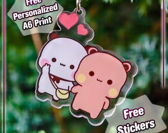 Bubu Dudu-sleutelhanger met gratis stickers, kunstafdruk – cadeauset schattige panda en beer – perzik en goma – kawaii-bedel koppel