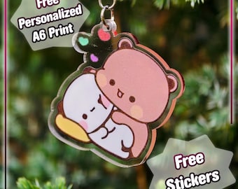Bubu Dudu Heart‑Link Couple Keychain – Romantic Love Keyring Set with Free Stickers & Art Print – Perfect Valentine Anniversary Gift