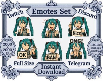 PNG Files Cute Virtual Singing Idol Girl Anime Reaction Emotes Twitch Discord Set Printable File, Kawaii Sticker, T-Shirt Emote Set Telegram