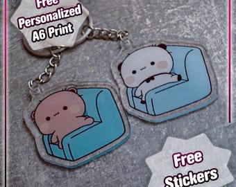 Bubu and Dudu Bears  - Cute Couples Keyring Set - with Free Stickers & Art Print