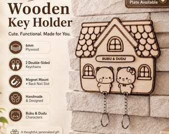 Dudu & Bubu Custom Wooden Key Holder for Couples with 2 Matching Keychains