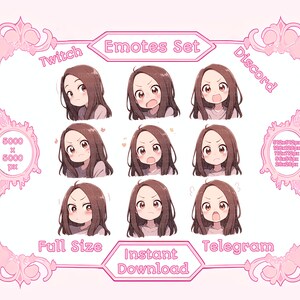 Könnte beinhalten: Ein Set von neun digitalen Emotes mit einem Cartoon-Mädchen mit braunen Haaren und verschiedenen Gesichtsausdrücken. Die Emotes sind in einem rosa dekorativen Rahmen mit den Worten "Twitch", "Discord", "Full Size", "Telegram" und "Instant Download" eingefasst.