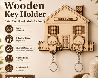 Dudu & Bubu Personalized Wooden Key Holder for Couples with 2 Matching Keychains