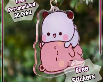 Sleutelhangerset tortelduifjes Bubu en Dudu – bijpassend bedelcadeau voor stel met gratis kunstprint en stickers – Pandabeer romantisch jubileum