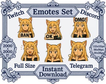 PNG Files - Cute Anime Gyaru Cat Girl Reaction Emotion Emotes Twitch Discord Emote Set - Printable File, Kawaii Sticker, T-Shirt, Game