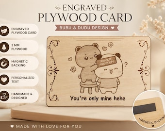 Personalized Engraved Plywood Card, Dudu and Bubu Kawaii Wooden Love Gift, Magnetic Backing