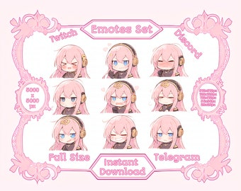 Arquivos PNG Cute Virtual Singing Idol Girl Anime Reaction Emotes Twitch Discord Set Arquivo para impressão, adesivo Kawaii, camiseta Emote Set Telegram