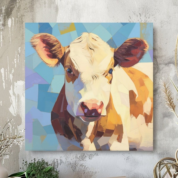Farm Cow Mosaic Style Painting Imitation on Canvas, On The Farm Cow Art, Homestead Gift, Cow Mom Gift, Animal Lover Gifts, Cowgirl Gifts
