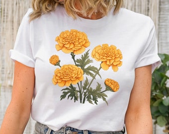Marigold T-shirt, October Birth Flower, Floral Tee, Marigold Vintage Tee, Cottagecore Shirt, Birthday Gift for Her