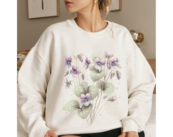 Vintage Violet Flowers Graphic Sweatshirt, Cottagecore Floral Print
