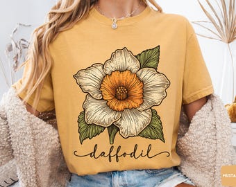 Daffodil Linocut Graphic Tee, March Birthday Flower Shirt, Daffodil Lover Apparel