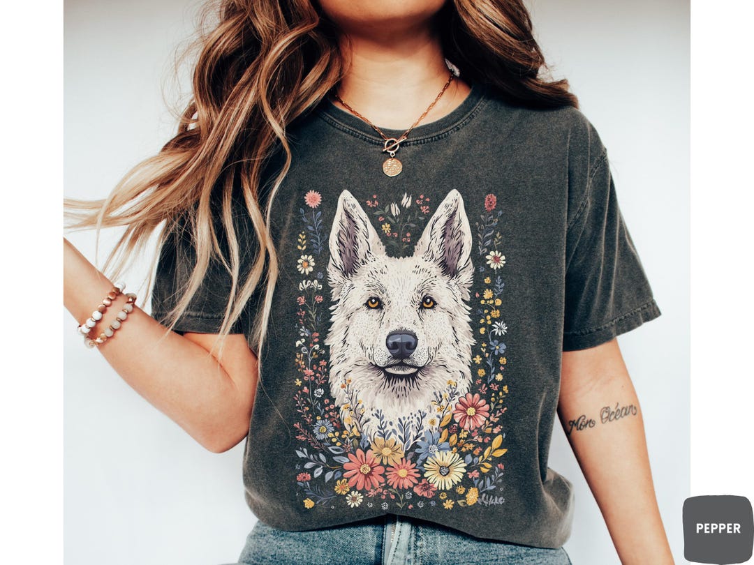 Wildflower Swiss Shepherd Floral Tee - White German Shepherd Boho Shirt ...