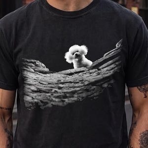 May include: A charcoal grey short-sleeve crew neck t-shirt featuring a graphic print on the chest. The graphic depicts a small white fluffy dog standing on a textured, rocky, monochromatic landscape that spans across the centre of the shirt.