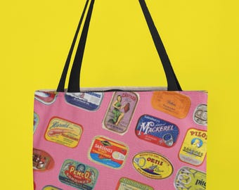 Sardine Print Tote Bag: Retro Seafood Market Shopper