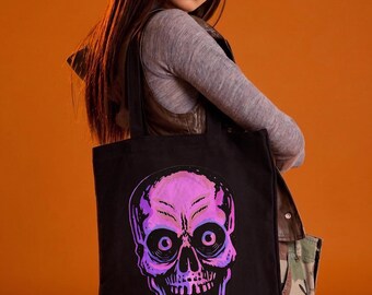 Vintage Halloween Skull Tote Bag: Gothic Cotton Canvas Trick or Treat Handbag