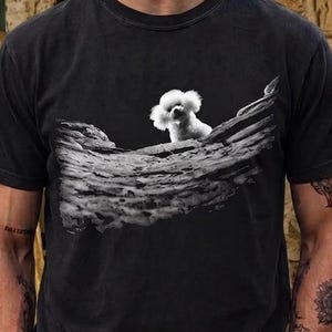 May include: A charcoal black short-sleeve t-shirt featuring a graphic print of a small white fluffy dog peeking over a textured, rocky, monochromatic landscape. The shirt has a crew neckline and a relaxed fit, made of a soft cotton fabric.