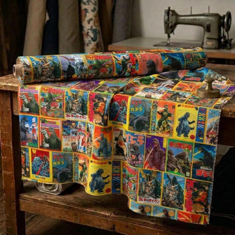 A fabric bolt and draped sample of the retro Godzilla and monster poster print resting on a wooden table next to a sewing machine.