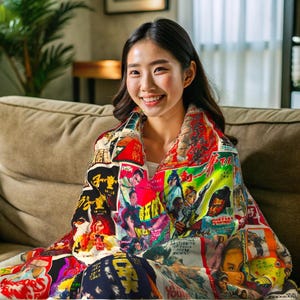 A woman sits on a brown sofa, smiling and wrapped in a blanket patterned with a collage of vintage Kung Fu movie posters.
