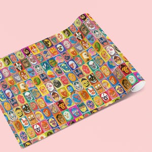 May include: A colorful wrapping paper featuring a repeating pattern of luchador masks in various colors and designs.