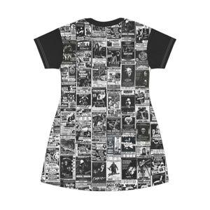 A full garment view of the front of the t-shirt dress laid flat, showcasing the detailed black-and-white collage of retro horror film advertisements.