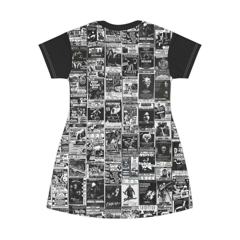 A full garment view of the front of the t-shirt dress laid flat, showcasing the detailed black-and-white collage of retro horror film advertisements.