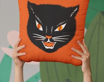 BIG Vintage Halloween Jack O Lantern Witch Black Cat Pillow Old World ...