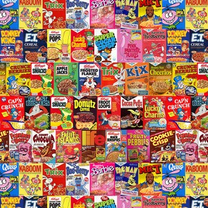 May include: A repeating grid pattern featuring various vintage cereal boxes including Quisp, Kaboom, Trix, Boo-Berry, Barbie, Pac-Man, Mr. T, Donkey Kong, E.T., Sugar Corn Pops, Lucky Charms, Super Sugar Crisp, Pink Panther, and Baron Von Redberry.