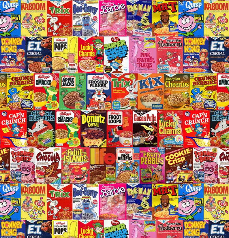 May include: A repeating grid pattern featuring various vintage cereal boxes including Quisp, Kaboom, Trix, Boo-Berry, Barbie, Pac-Man, Mr. T, Donkey Kong, E.T., Sugar Corn Pops, Lucky Charms, Super Sugar Crisp, Pink Panther, and Baron Von Redberry.